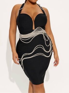 Beyond Classy Rhinestone Bandage Midi Dress - Black